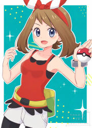 1girl :d aoneko4ao_(edwf7745) bike_shorts bike_shorts_under_shorts bow_hairband bracelet breasts brown_hair collarbone commentary_request cowboy_shot eyelashes fanny_pack grey_eyes hairband hands_up happy highres holding holding_poke_ball jewelry looking_at_viewer may_(pokemon) medium_hair nintendo open_mouth outline poke_ball poke_ball_(basic) pokemon pokemon_oras red_hairband red_shirt shirt shorts sleeveless sleeveless_shirt smile solo sparkle white_shorts yellow_bag