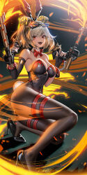 Rule 34 | 1girl, :d, alternate costume, animal ears, bare shoulders, black gloves, black leotard, blonde hair, bow, bowtie, breasts, brown pantyhose, burnice white, dual wielding, eyewear on head, fingerless gloves, fire, flamethrower, full body, gloves, high heels, highres, holding, holding flamethrower, holding weapon, large breasts, leotard, liang xing, open mouth, pantyhose, playboy bunny, rabbit ears, rabbit tail, red bow, red bowtie, red eyes, short twintails, smile, solo, sunglasses, tail, teeth, thigh strap, thighs, twintails, upper teeth only, weapon, zenless zone zero