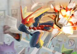 3others analog_clock annoyed black_eyes black_jacket black_pants blazer blaziken briefcase clock colored_sclera computer cubicle dress_shirt exhausted explosion facing_to_the_side fire fleeing formal_clothes gen_1_pokemon gen_3_pokemon gengar half-closed_eyes highres holding holding_paper indoors jacket looking_ahead looking_at_another monitor motion_blur multiple_others necktie nintendo notepad office open_clothes open_jacket outstretched_arm pants paper photo_(object) picture_frame pokemon pokemon_(creature) red_necktie rhond_45 running salaryman scattered_paper sceptile shirt sticky_note striped_necktie turning_head wall_clock white_shirt wide-eyed wind yellow_sclera