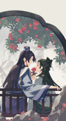 1boy 1girl absurdres architecture blue_eyes chinese_clothes chinese_hairpin closed_mouth covered_mouth earrings east_asian_architecture flower from_side half_updo highres holding holding_flower jewelry jinshi_(kusuriya_no_hitorigoto) kusuriya_no_hitorigoto long_hair looking_at_another maomao_(kusuriya_no_hitorigoto) parted_bangs purple_eyes red_flower rock sitting smile tree tsubsa_syaoin wide_sleeves