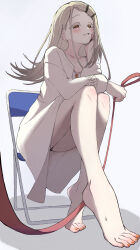Rule 34 | 1girl, ??! (artist), barefoot, blonde hair, blush, chair, feet, folding chair, gakuen idolmaster, head rest, highres, idolmaster, leash, long hair, looking at viewer, panties, pantyshot, parted lips, pov, shinosawa hiro, sitting, smile, toes, underwear, viewer on leash, yellow eyes