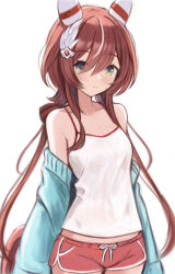 Rule 34 | 1girl, alternate costume, animal ears, breasts, camisole, dolphin shorts, ear covers, ear ornament, feather hair ornament, feathers, green eyes, hair between eyes, hair ornament, horse ears, horse girl, horse tail, low twintails, multicolored hair, nannacy7, red hair, red shorts, shorts, simple background, small breasts, solo, spaghetti strap, streaked hair, tail, twintails, umamusume, white background, white camisole, win variation (umamusume)