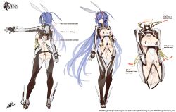 1girl absurdres afukuro animal_ears arms_behind_back arrow_(symbol) ass azur_lane black_bodysuit blue_eyes blue_hair bodysuit breasts cleavage clothing_cutout concept_art copyright_name covered_navel crotch_plate english_text fake_animal_ears from_behind full_body gloves gluteal_fold headgear high_heels highres large_breasts long_hair looking_at_viewer mecha_pilot_suit mechanical_ears multiple_views new_jersey_(azur_lane) official_alternate_costume official_art purple_hair rabbit_ears reference_sheet revealing_clothes reverse_outfit science_fiction shrug_(clothing) sideboob signature simple_background sketch smile standing thigh_gap thighhighs very_long_hair white_bodysuit