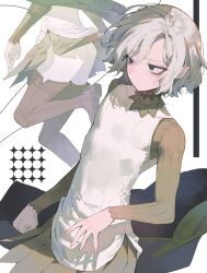 Rule 34 | 1boy, bags under eyes, black eyes, boots, clenched hand, dungeon meshi, elf, gorget, grey hair, highres, holding cloth, lazy eye, long sleeves, looking to the side, male focus, maratang, mithrun, multiple views, notched ear, pants, pointy ears, shirt, short hair, simple background, thigh boots, tunic, uneven eyes, wavy hair, white background