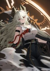 1girl absurdres arm_strap bare_shoulders black_choker black_gloves black_horns black_pants breasts bright_pupils button_gap choker cleavage collarbone commentary curled_horns gloves grey_hair hair_between_eyes high-waist_pants highres horns large_breasts long_hair looking_at_viewer mole mole_under_eye pants red_eyes shirt shirt_tucked_in solo tight_clothes tight_pants torn_clothes torn_shirt very_long_hair white_pupils white_shirt wuthering_waves yeming_(yeming0529) zani_(wuthering_waves)