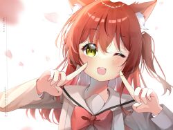 1girl bocchi_the_rock! highres kemonomimi_mode kita_ikuyo long_hair one_eye_closed open_mouth red_hair school_uniform shuka_high_school_uniform solo yellow_eyes yusnita