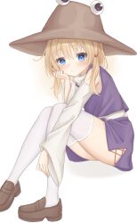 1girl absurdres blonde_hair blue_eyes blush brown_hat brown_shoes detached_sleeves gaden19 hair_ribbon hand_on_own_cheek hand_on_own_face hat head_rest highres long_sleeves looking_at_viewer medium_hair moriya_suwako purple_skirt purple_vest red_ribbon ribbon shirt shoes sidelocks simple_background sitting skirt solo thighhighs touhou turtleneck vest white_background white_shirt white_thighhighs wide_sleeves