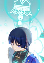 1boy bell black_bodysuit black_hair blue_cape blue_halo blunt_ends bodysuit bright_pupils cape colored_inner_hair commentary eyeliner eyeshadow genshin_impact glowing_markings halo halo_behind_head highres japanese_clothes kimono kouge_kurame looking_to_the_side magic_circle makeup male_focus mandarin_collar multicolored_hair open_clothes open_kimono open_mouth portrait purple_eyes purple_hair red_eyeliner red_eyeshadow scaramouche_(genshin_impact) shoulder_peek smile solo three_quarter_view tulaytullah&#039;s_remembrance_(genshin_impact) wanderer_(genshin_impact) white_kimono white_pupils white_sleeves wispy_bangs