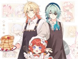 1girl 2boys :d anaxa_(honkai:_star_rail) apron aqua_eyes aqua_hair beret black_apron blonde_hair blue_hat bow braid brown_apron collared_shirt commentary facial_tattoo flower flower-shaped_pupils food gradient_hair grey_shirt hair_between_eyes hair_flower hair_intakes hair_ornament hair_over_shoulder hand_on_own_hip hat highres holding holding_plate holding_whisk honkai:_star_rail honkai_(series) long_hair looking_at_viewer low_ponytail medium_hair multicolored_eyes multicolored_hair multiple_boys mydei_(honkai:_star_rail) neck_tattoo open_mouth pancake pancake_stack plate pointy_ears ponytail purple_eyes red_bow red_hair red_tattoo shirt side_braid sleeves_rolled_up smile su3ka symbol-shaped_pupils tattoo tribbie_(honkai:_star_rail) two-tone_eyes whisk white_apron white_hat white_shirt yellow_eyes