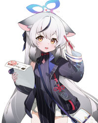 1girl animal_ears bag blue_archive blue_halo breasts brown_eyes china_dress chinese_clothes clothing_cutout commentary dress e_li_(77864296) gradient_halo grey_hair halo highres holding holding_paper holding_pencil ink_stamp jacket kokona_(blue_archive) long_hair looking_at_viewer multicolored_hair multicolored_halo open_mouth paper pencil shoulder_bag single_bare_shoulder small_breasts solo streaked_hair striped_clothes striped_dress sweatdrop symbol-only_commentary vertical-striped_clothes vertical-striped_dress very_long_hair white_background