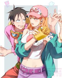 Rule 34 | !, !!, 1boy, 1girl, aqua cardigan, armpit peek, bangle, bare shoulders, baseball cap, belt, belt buckle, black hair, blush, bracelet, breasts, buckle, cardigan, commentary, cowboy shot, d e r e l, facial scar, food, food in mouth, french fries, goggles, goggles around neck, hat, highres, holding, holding another&#039;s finger, holding food, jewelry, jolly roger, long hair, looking at another, medium breasts, midriff, monkey d. luffy, mouth hold, nami (one piece), navel, official alternate costume, one piece, open cardigan, open clothes, open mouth, open shirt, orange eyes, orange hair, pants, pink hat, pink nails, pink shirt, print shirt, puff of air, purple pants, red pants, scar, scar on cheek, scar on face, shirt, short hair, shoulder tattoo, sleeveless, sleeveless shirt, straw hat, straw hats jolly roger, sweatdrop, symbol-only commentary, tank top, tattoo, unworn hat, unworn headwear, wavy hair, white tank top