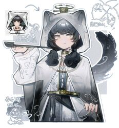 1boy animal_ears black_hair cat_boy cat_ears cat_tail cropped_legs eyelashes highres holding holding_smoking_pipe hood hood_up kan_084 limbus_company long_hair looking_at_viewer male_focus project_moon raincoat see-through_clothes see-through_raincoat short_twintails smile smoking_pipe solo tail twintails wang_zhao_(project_moon) yellow_eyes