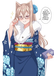 Rule 34 | 1girl, absurdres, blush, brown eyes, brown hair, clutch purse, commission, english text, floral print, flower, fur-trimmed kimono, fur trim, glasses, hair flower, hair intakes, hair ornament, handbag, highres, japanese clothes, kimono, long hair, looking at viewer, obijime, official alternate costume, presa (new year) (tales), presa (tales), rynn (darknescorez), simple background, smile, solo, star (symbol), tales of (series), tales of asteria, tales of xillia, white background