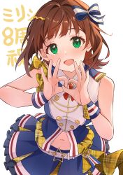 1girl absurdres amami_haruka b1ack_illust blue_skirt blush brown_hair commentary_request create_festival_(idolmaster) green_eyes happy_anniversary highres idolmaster idolmaster_million_live! idolmaster_million_live!_theater_days looking_at_viewer navel official_alternate_costume ok_sign shirt short_hair simple_background skirt sleeveless sleeveless_shirt smile solo white_background