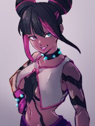 Rule 34 | 1girl, black collar, black hair, blue eyes, breasts, collar, cone hair bun, double bun, grey background, hair bun, han juri, hand on own hip, heterochromia, kemachiku, lips, looking at viewer, medium breasts, multicolored hair, pink eyes, smile, solo, spiked collar, spikes, street fighter, street fighter 6, two-tone hair