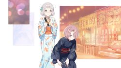 Rule 34 | 2girls, arimura mao, blue eyes, blue kimono, blush, brown hair, festival, gakuen idolmaster, game cg, grey hair, highres, idolmaster, japanese clothes, japanese text, katsuragi lilja, kimono, lantern, multiple girls, official art, shoes, unworn shoes