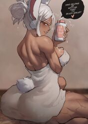 1girl animal_ears arm_under_breasts ass back boku_no_hero_academia bottle breasts commentary dark-skinned_female dark_skin english_commentary english_text from_behind funi_xd hair_bun highres holding holding_bottle large_breasts long_eyelashes long_hair looking_at_viewer lube median_furrow mirko naked_towel parted_bangs parted_lips rabbit_ears rabbit_girl rabbit_tail red_eyes seiza shoulder_blades single_hair_bun sitting smile solo speech_bubble suggestive_fluid tail thick_thighs thighs toned toned_female towel white_hair
