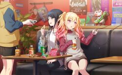 3girls black_hair black_pants black_shorts blonde_hair blush bottle chips_(food) coffee colorful_palette drink echo_my_melody_(project_sekai) food gradient_hair grey_eyes grey_hair grey_sweater_vest head_out_of_frame hinomori_shiho holding holding_drink holding_food holding_phone hoshino_ichika_(project_sekai) jacket long_hair magazine_(object) medium_hair multicolored_hair multiple_girls official_art open_clothes open_jacket pants phone pink_eyes pink_hair pink_shirt plaid_clothes plaid_jacket plant poster_(object) potato_chips potted_plant project_sekai shirt shorts sitting squirrel sweater_vest table tenma_saki third-party_source white_shirt