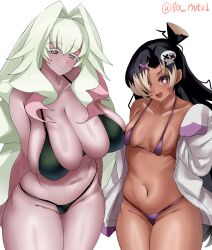 absurdres black_garlic_cookie black_hair bow bra cookie_run cookie_run:_ovenbreak dress hair_between_eyes hair_intakes hair_over_one_eye happy highres humanization long_hair long_sleeves looking_at_viewer multicolored_hair multiple_girls mx_pyuta1 panties smile underwear very_long_hair white_ghost_cookie white_hair