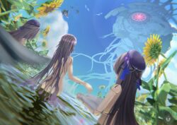 3girls ass blue_sky cloud commentary_request completely_nude doll_joints dual_persona dutch_angle flower from_behind grey_hair hat herta_(honkai:_star_rail) herta_(puppet)_(honkai:_star_rail) highres holding holding_towel honkai:_star_rail honkai_(series) joints long_hair looking_at_another multiple_girls nous_(honkai:_star_rail) nude outdoors pond purple_hat same-sex_bathing shared_bathing sky sunflower tai_matsu_aki the_herta_(honkai:_star_rail) towel very_long_hair water wet wet_hair