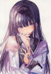 absurdres akemi_homura akemi_homura_(magical_girl) black_hair blush darkkanan grey_background hand_up highres long_hair looking_to_the_side mahou_shoujo_madoka_magica purple_eyes simple_background soul_gem
