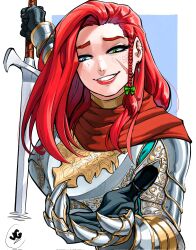 1girl armor blue_eyes commentary commission english_commentary facial_scar freckles green_eyes heterochromia highres holding holding_sword holding_weapon initial jgeorgedrawz long_hair looking_at_viewer original reaching reaching_towards_viewer red_hair scar scar_on_cheek scar_on_face solo sword upper_body weapon white_background
