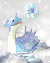 afloat apus_92 bright_pupils castform castform_(snowy) commentary_request gen_1_pokemon gen_3_pokemon highres lapras nintendo no_humans open_mouth outdoors pokemon pokemon_(creature) snowing tongue tongue_out water white_pupils