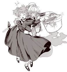 +++ 2girls apron basket blush breasts bun_cover catherine_(conto) chipped_tooth closed_eyes conto dress grabbing_another&#039;s_breast grabbing_from_behind groping hair_bun hair_intakes highres holding holding_basket large_breasts laundry_basket leg_up long_sleeves maid maid_apron mary_janes multiple_girls open_mouth original shadow shoes single_hair_bun