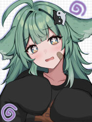 bandaid bandaid_on_face black_sweater blush fox_girl green_hair hair_between_eyes highres honkai:_star_rail honkai_(series) huohuo_(honkai:_star_rail) looking_at_viewer messy_hair nervous nervous_sweating oversized_clothes paw-shaped_pupils portrait sidelocks spiral sweat sweater symbol-shaped_pupils upper_body vickie_(cryingrobot) white_background yin_yang_hair_ornament