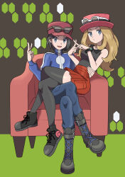 1boy 1girl asatsuki_(fgfff) black_boots black_hair blonde_hair boots breasts calem_(pokemon) commentary_request crossed_legs eyewear_on_headwear grey_eyes hat highres long_hair long_sleeves nintendo open_mouth pants pokemon pokemon_xy serena_(pokemon) shoes short_hair sitting sitting_on_lap sitting_on_person smile sneakers sunglasses thighhighs