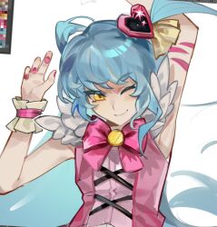 1girl armpits art_program_in_frame blue_hair bow bowtie hair_ornament heart heart_hair_ornament lobotomy_corporation long_hair looking_at_viewer magical_girl one_eye_closed pink_bow pink_bowtie pink_nails pink_vest project_moon queen_of_hatred roier simple_background smile solo two_side_up upper_body vest white_background wrist_cuffs yellow_eyes