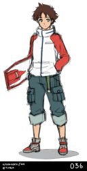 1boy autumn-north blue_eyes brown_hair eureka_seven eureka_seven_(series) full_body hand_in_pocket hoverboard jacket male_focus pants pants_rolled_up renton_thurston shoes short_hair smile sneakers solo