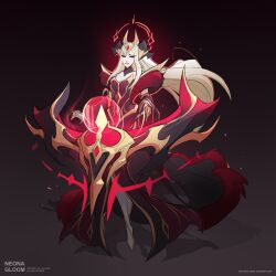 1girl alternate_costume arcana_(league_of_legends) artist_name bare_shoulders black_horns blonde_hair breasts claws closed_mouth dress floating floating_object frown full_body gem glowing gradient_background hair_ornament highres horns large_breasts league_of_legends long_hair looking_at_viewer medium_breasts multicolored_background neona_gloom red_dress red_eyes solo sona_(league_of_legends) watermark