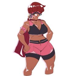 Rule 34 | 1girl, 1shermieaday, bike shorts, breasts, cape, dark-skinned female, dark skin, female focus, hands on own hips, large breasts, latex, leather, long hair, luchador, luchador mask, mask, muscular, muscular female, pants, ponytail, red hair, shermie (kof), shiny clothes, shiny skin, shorts, smile, smiley face, standing, tan, the king of fighters, thick thighs, thighs, tight clothes, tight pants, twintails, wrestling, wrestling outfit, wwe