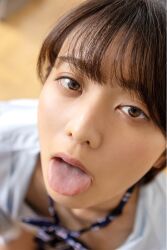 1girl black_hair blurry blurry_background flat_chest from_above japanese_(nationality) looking_at_viewer looking_up monami_suzu open_clothes open_shirt photo_(medium) school school_uniform short_hair tongue tongue_out
