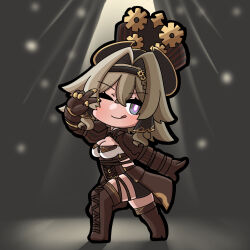 1girl ;q arm_up black_hairband black_hat black_shorts blush boots braid breasts brown_boots brown_gloves brown_hair chibi cleavage closed_mouth commentary_request full_body gears gloves grey_background grey_eyes hair_between_eyes hair_intakes hairband hat highres honkai_(series) honkai_impact_3rd juliet_sleeves lace-up_boots large_breasts long_sleeves mokkyo_(motkyo) one_eye_closed puffy_sleeves shorts smile solo striped_clothes striped_headwear thigh_boots tongue tongue_out top_hat v v_over_eye vertical-striped_clothes vertical-striped_headwear vill-v