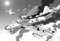 Rule 34 | aircraft, airplane, alternate universe, b-29 superfortress, bomber, canards, commentary request, fighter jet, fire, firing, greyscale, highres, imperial japanese navy, j7w shinden, lens flare, matsuda juukou, military vehicle, monochrome, no humans, original, smoke, united states army, vehicle focus, world war ii
