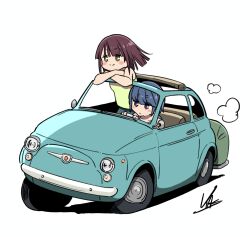 2girls blue_hair blush_stickers brown_hair car driving green_eyes medium_hair motor_vehicle multiple_girls purple_eyes shima_rin short_hair toki_ayano white_background yas_(yosiyasuyasu) yurucamp
