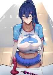 1girl aantapl0izzv1rh anal_beads aomiya_mizuno blue_eyes blue_hair blue_shirt blue_skirt blush commentary_request commission counter covered_erect_nipples dildo dolphin_print embarrassed hair_between_eyes hair_ornament hairclip heisei_retro highres jojifuku kemono_tamashii_sentai_juusoruja microskirt midriff name_tag navel partial_commentary ponytail price_tag see-through_clothes see-through_shirt sex_toy shirt short_sleeves skeb_commission skirt solo sweatdrop thigh_gap two-tone_shirt undersized_clothes white_shirt