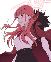 1girl aru_(blue_archive) blue_archive coat coat_on_shoulders commentary_request floating_hair halo haruhito_(divineshalt) highres horns long_hair looking_to_the_side open_mouth pink_eyes pink_hair skirt smile solo