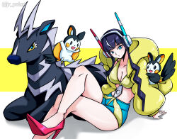 1girl black_fur black_hair blue_eyes blue_shorts body_fur bra breasts cleavage coat collarbone creatures_(company) crossed_legs elesa_(pokemon) emolga game_freak gen_5_pokemon grey_fur group_picture high_heels highres jrpulse looking_at_viewer medium_breasts nintendo pokemon pokemon_(creature) pokemon_bw2 puffy_coat red_shoes shoes shorts thighs two-tone_fur underwear white_fur yellow_bra yellow_coat zebra zebstrika