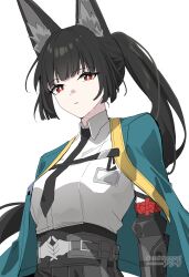 1girl absurdres alternate_hairstyle animal_ear_fluff animal_ears aqua_jacket arm_out_of_sleeve asiri_senpai black_hair black_necktie breasts bright_pupils closed_mouth collared_shirt commentary cowboy_shot fox_ears fox_girl highres hoshimi_miyabi id_card jacket long_hair looking_at_viewer medium_breasts necktie ponytail red_eyes shirt simple_background solo twitter_username white_background white_pupils white_shirt zenless_zone_zero