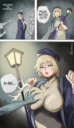1girl 2boys 3koma absurdres beret blonde_hair blue_background breasts closed_eyes comic covered_navel dungeon_meshi english_text falin_touden falin_touden_(tallman) freckles grabbing_another&#039;s_breast groping hat highres laios_touden lantern large_breasts multiple_boys ocerius open_mouth pink_lips robe solo_focus speech_bubble sweat upper_body zombie