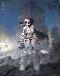 Rule 34 | 1girl, absurdres, arowana2111, belt, black hair, breasts, cleavage, commentary, english commentary, full body, goggles, goggles on head, gun, gun on back, highres, holding, holding case, holding walkie-talkie, original, rifle, robot girl, rubble, scenery, short hair, solo, standing, walkie-talkie, weapon, weapon on back