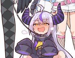 Rule 34 | 4girls, ahoge, bdsm, belt, black wings, blue belt, blush, checkered clothes, checkered legwear, collar, drooling, fuwawa abyssgard, fuwawa abyssgard (1st costume), grey hair, heavy breathing, highres, hololive, hololive english, horns, kukie-nyan, la+ darknesss, la+ darknesss (1st costume), leash, masochism, metal collar, mococo abyssgard, mococo abyssgard (1st costume), mouth drool, multiple girls, nerissa ravencroft, nerissa ravencroft (1st costume), paw pose, pink belt, sleeves past fingers, sleeves past wrists, squatting, sweat, virtual youtuber, wings, yellow eyes