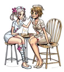 2014 2girls artist_request bandages blonde_hair bloody_marie_(skullgirls) chair cosplay crossover drawfag facepaint grey_hair hair_ornament hat heather_mason jewelry latex bandaged_leg mirror multiple_girls necklace nurse_(silent_hill) nurse_(silent_hill)_(cosplay) nurse_cap open_mouth painting_(action) red_eyes short_hair silent_hill silent_hill_(series) silent_hill_3 sitting skullgirls smile stool twintails valentine_(skullgirls) valentine_(skullgirls)_(cosplay) white_background