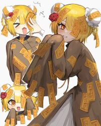 &gt;_&lt; 3girls blunt_bangs blush bob_cut braid braided_hair_rings brown_robe bun_cover chibi chibi_inset don_quixote_(project_moon) dot_nose double_bun e.g.o_(project_moon) flower hair_bun hair_flower hair_ornament hair_rings hands_up highres limbus_company looking_at_viewer multiple_girls ofuda one_eye_covered open_mouth orange_eyes parted_lips project_moon red_flower red_rose red_sheet red_sheet_(e.g.o) ro/ku robe rose short_hair simple_background slapping sleeves_past_fingers sleeves_past_wrists talisman very_long_sleeves white_background