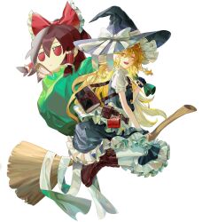 Rule 34 | 1girl, absurdres, bag, black dress, blonde hair, boots, bow, broom, broom riding, brown boots, dress, fingerless gloves, frilled dress, frills, full body, fumo (doll), gloves, hair between eyes, hakurei reimu, hat, hat bow, highres, kirisame marisa, long hair, maka (maka04021), one eye closed, open mouth, pantyhose, short sleeves, shoulder bag, smile, solo, touhou, white background, white pantyhose, witch, witch hat, yellow eyes