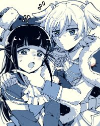 Rule 34 | !?, 2girls, :/, aiguillette, ascot, belt, blunt bangs, blush, closed mouth, commentary, daiba nana, epaulettes, fur-trimmed jacket, fur trim, greyscale with colored background, hair between eyes, hair ribbon, hand on another&#039;s chin, hand on another&#039;s shoulder, hands up, jacket, jacket on shoulders, long hair, long sleeves, looking at viewer, multiple girls, notice lines, open mouth, partially shaded face, ribbon, sash, short hair, short twintails, shoujo kageki revue starlight, shoulder sash, side-by-side, sidelocks, sikyo69, simple background, tsuyuzaki mahiru, twintails, two side up, upper body, v arms, yellow background