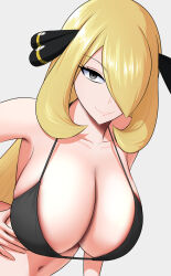 1girl bikini black_bikini blonde_hair breasts closed_mouth collarbone cynthia_(pokemon) fukayabashi grey_eyes hair_ornament hair_over_one_eye hand_on_own_hip highres large_breasts leaning_forward looking_at_viewer navel nintendo pokemon pokemon_dppt smile solo strap_gap swimsuit upper_body